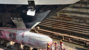 Superyacht Equanimity in Columbo dry dock bottom cleaning