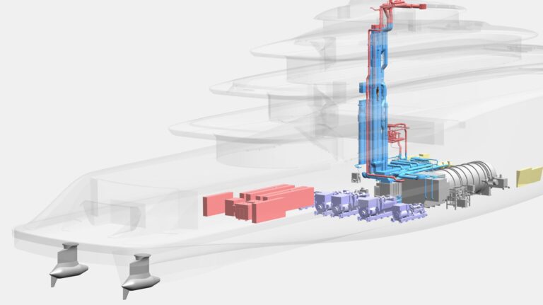 Schematic of Feadships liquid hydrogen fuel cells yacht from stbd quarter