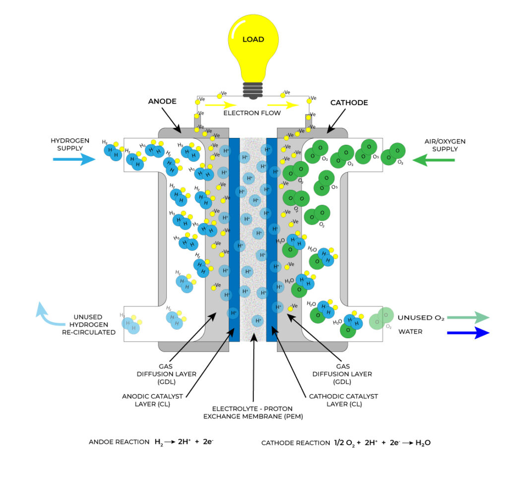 Diagram of a Proton Exchange Fuel Cell and Process
